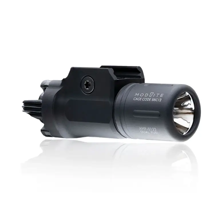 a black flashlight with a metal barrel